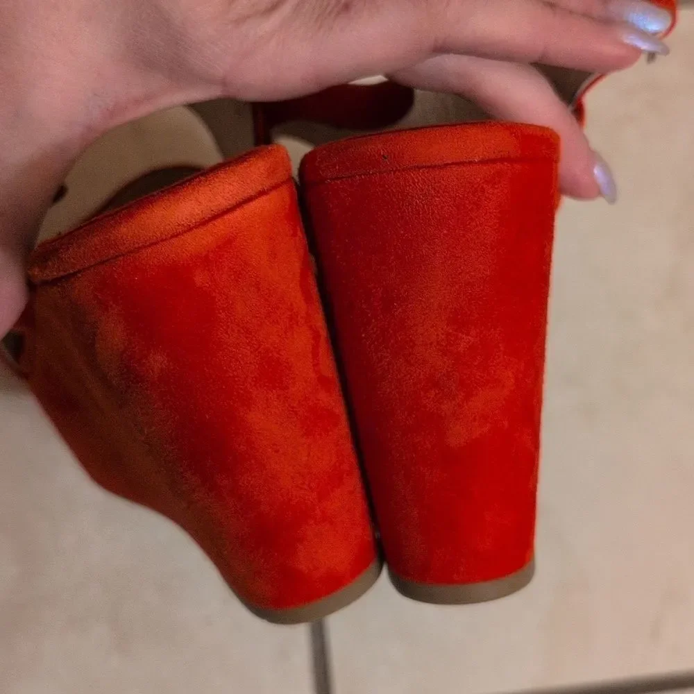 Prada Lipstick Red Wedges Leather Suede Platform Ankle Strap Sandals Size 11.5
